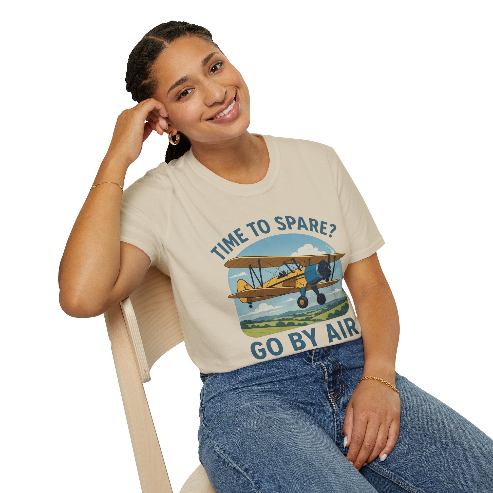 Stearman Premium T-Shirt – “Time to Spare? Go by Air” Biplane Vintage Tee - Pilot gifts - WWII warbird t-shirt
