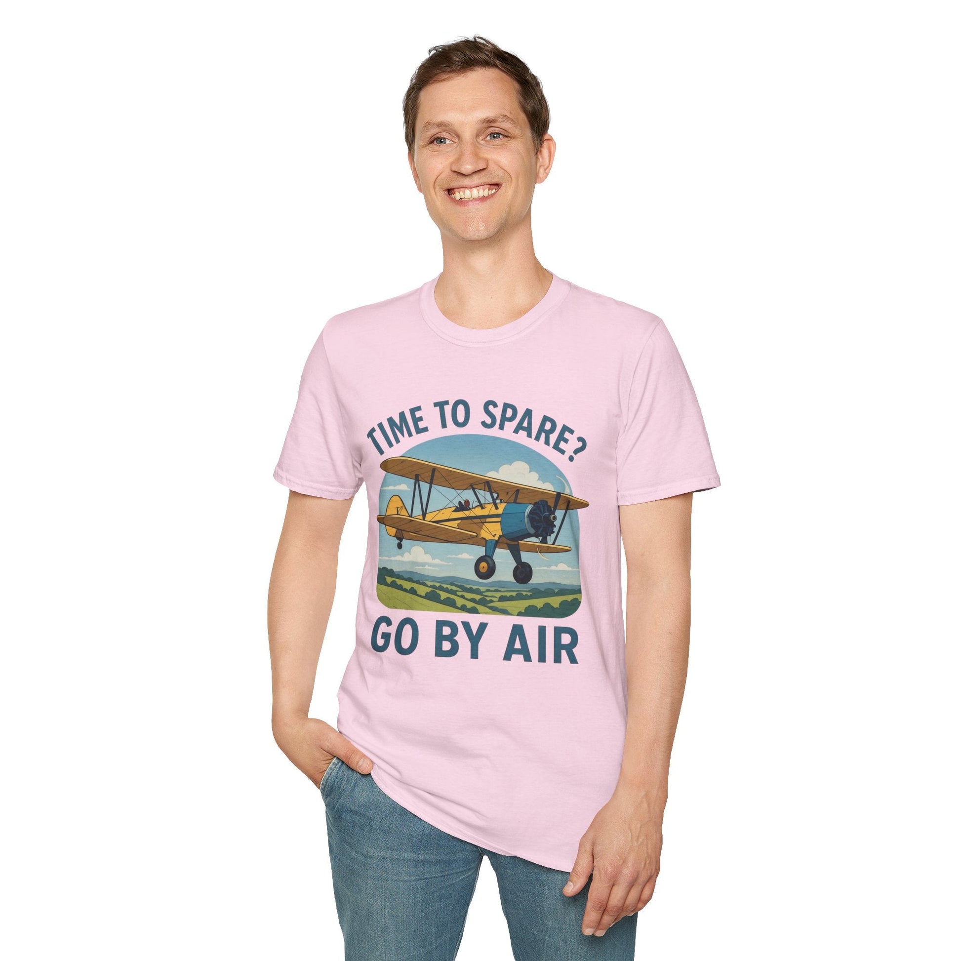 Stearman Premium T-Shirt – “Time to Spare? Go by Air” Biplane Vintage Tee - Pilot gifts - WWII warbird t-shirt