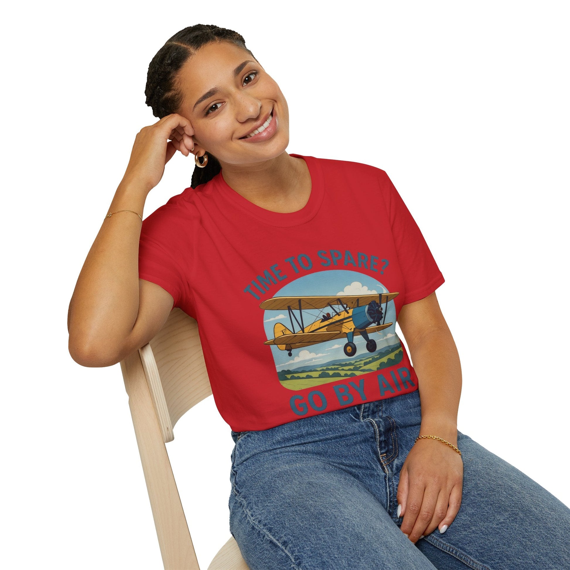 Stearman Premium T-Shirt – “Time to Spare? Go by Air” Biplane Vintage Tee - Pilot gifts - WWII warbird t-shirt