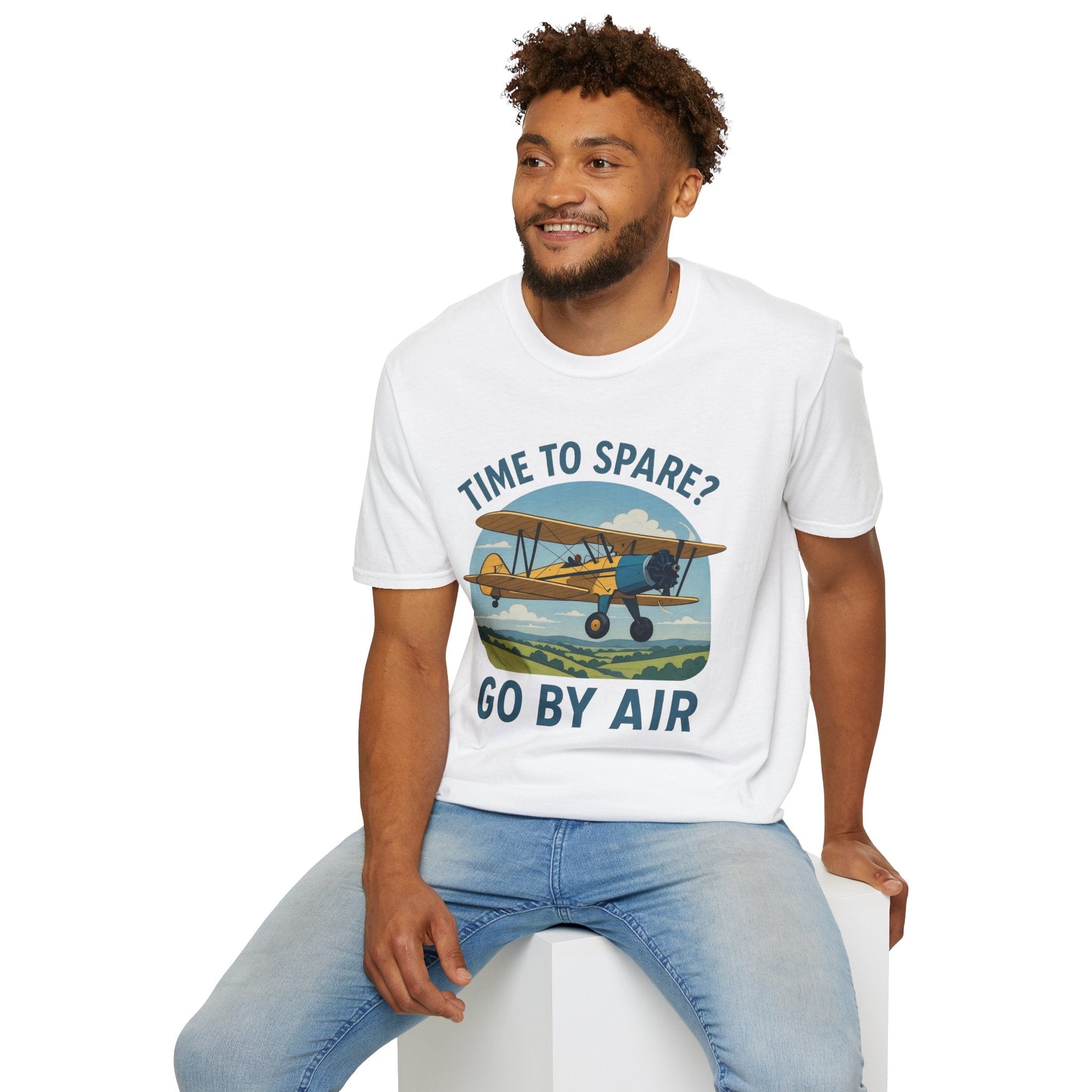 Stearman Premium T-Shirt – “Time to Spare? Go by Air” Biplane Vintage Tee - Pilot gifts - WWII warbird t-shirt
