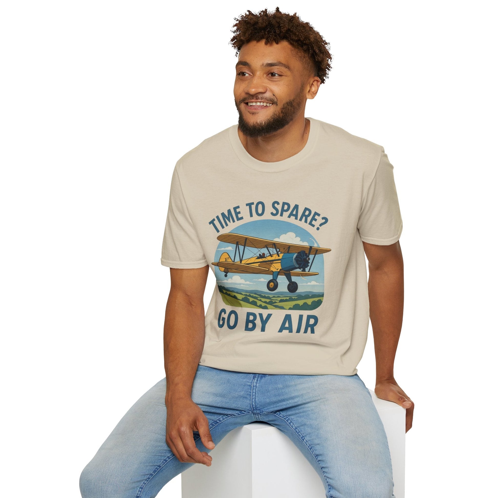 Stearman Premium T-Shirt – “Time to Spare? Go by Air” Biplane Vintage Tee - Pilot gifts - WWII warbird t-shirt