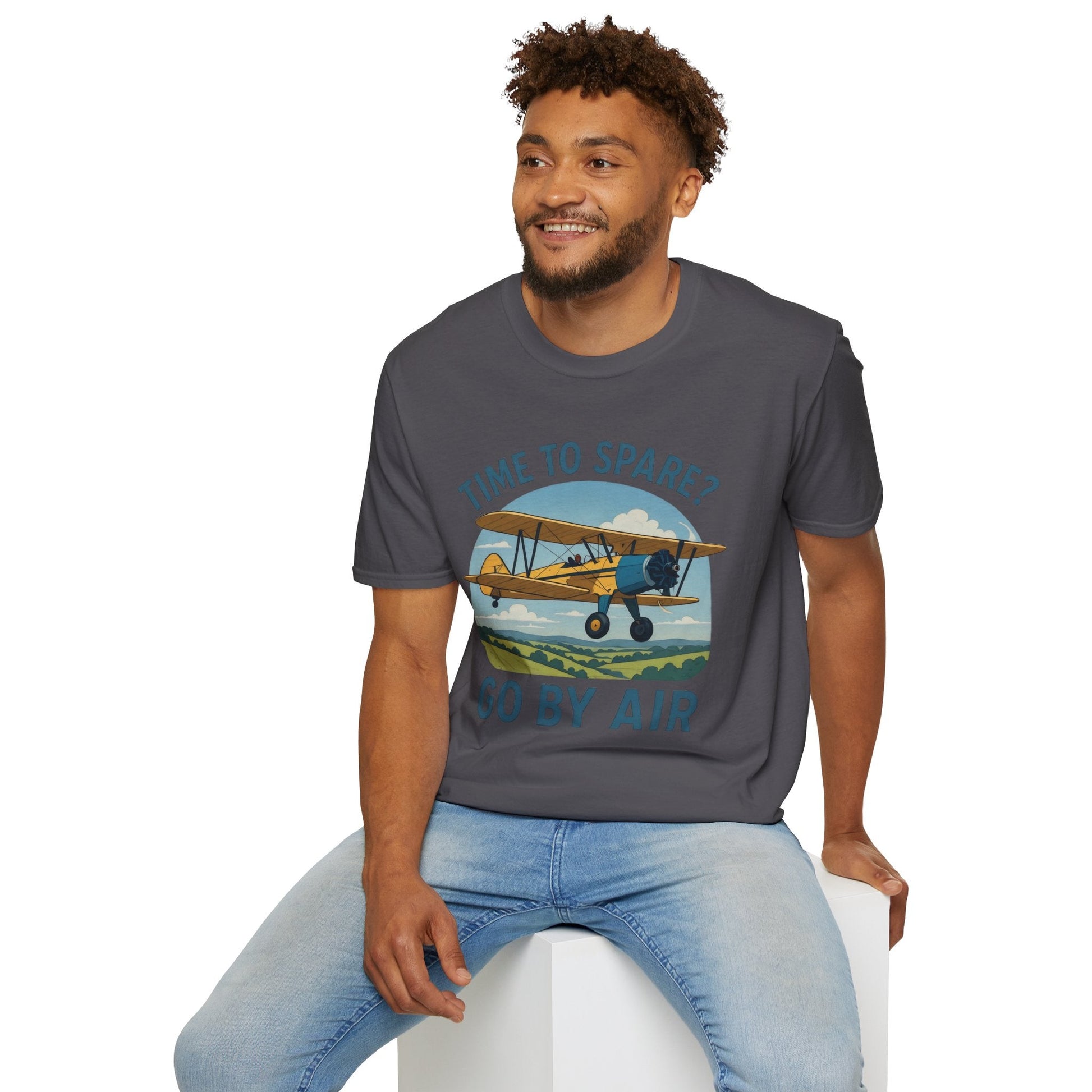 Stearman Premium T-Shirt – “Time to Spare? Go by Air” Biplane Vintage Tee - Pilot gifts - WWII warbird t-shirt