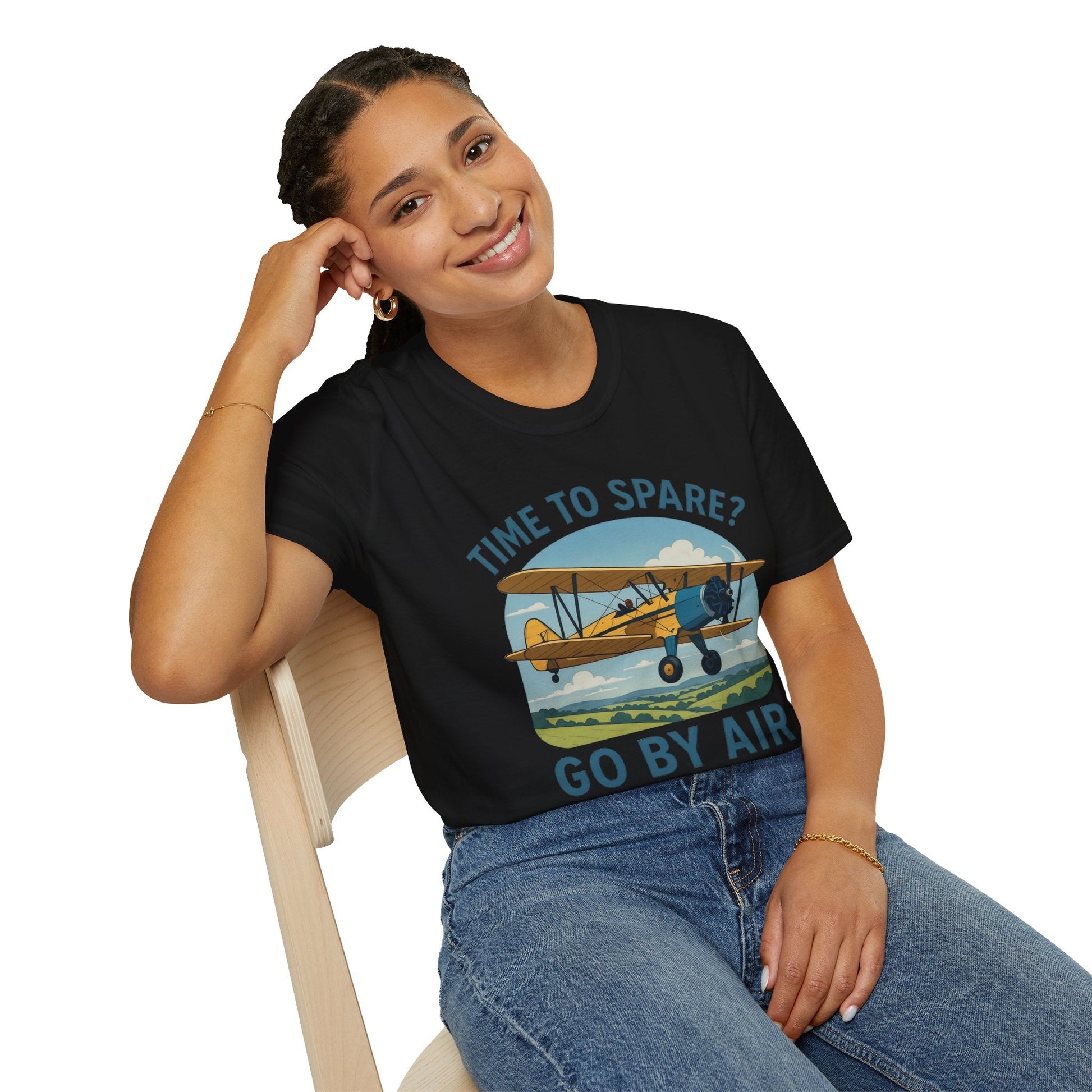 Stearman Premium T-Shirt – “Time to Spare? Go by Air” Biplane Vintage Tee - Pilot gifts - WWII warbird t-shirt