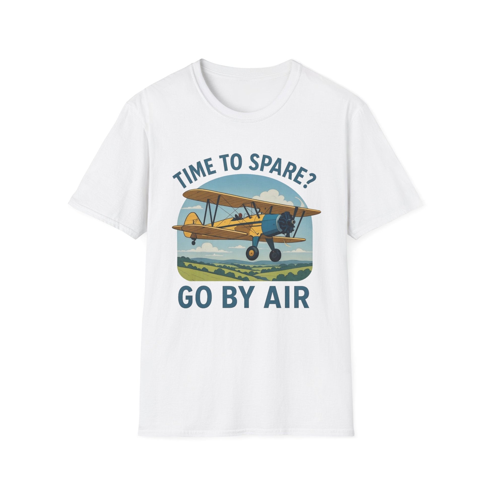 Stearman Premium T-Shirt – “Time to Spare? Go by Air” Biplane Vintage Tee - Pilot gifts - WWII warbird t-shirt