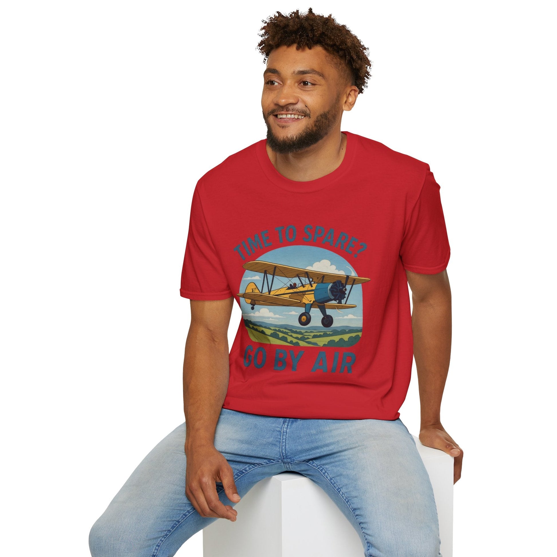Stearman Premium T-Shirt – “Time to Spare? Go by Air” Biplane Vintage Tee - Pilot gifts - WWII warbird t-shirt