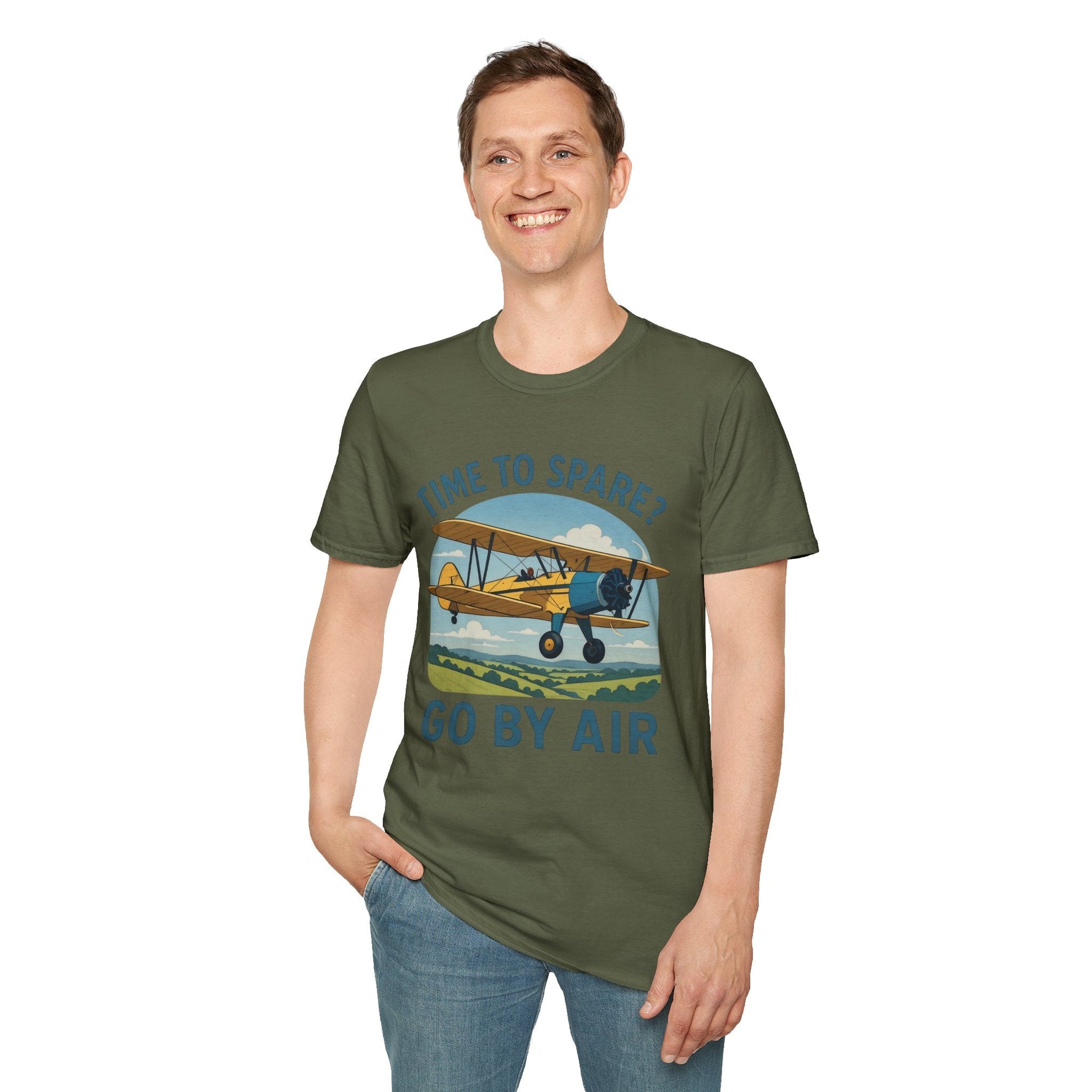Stearman Premium T-Shirt – “Time to Spare? Go by Air” Biplane Vintage Tee - Pilot gifts - WWII warbird t-shirt