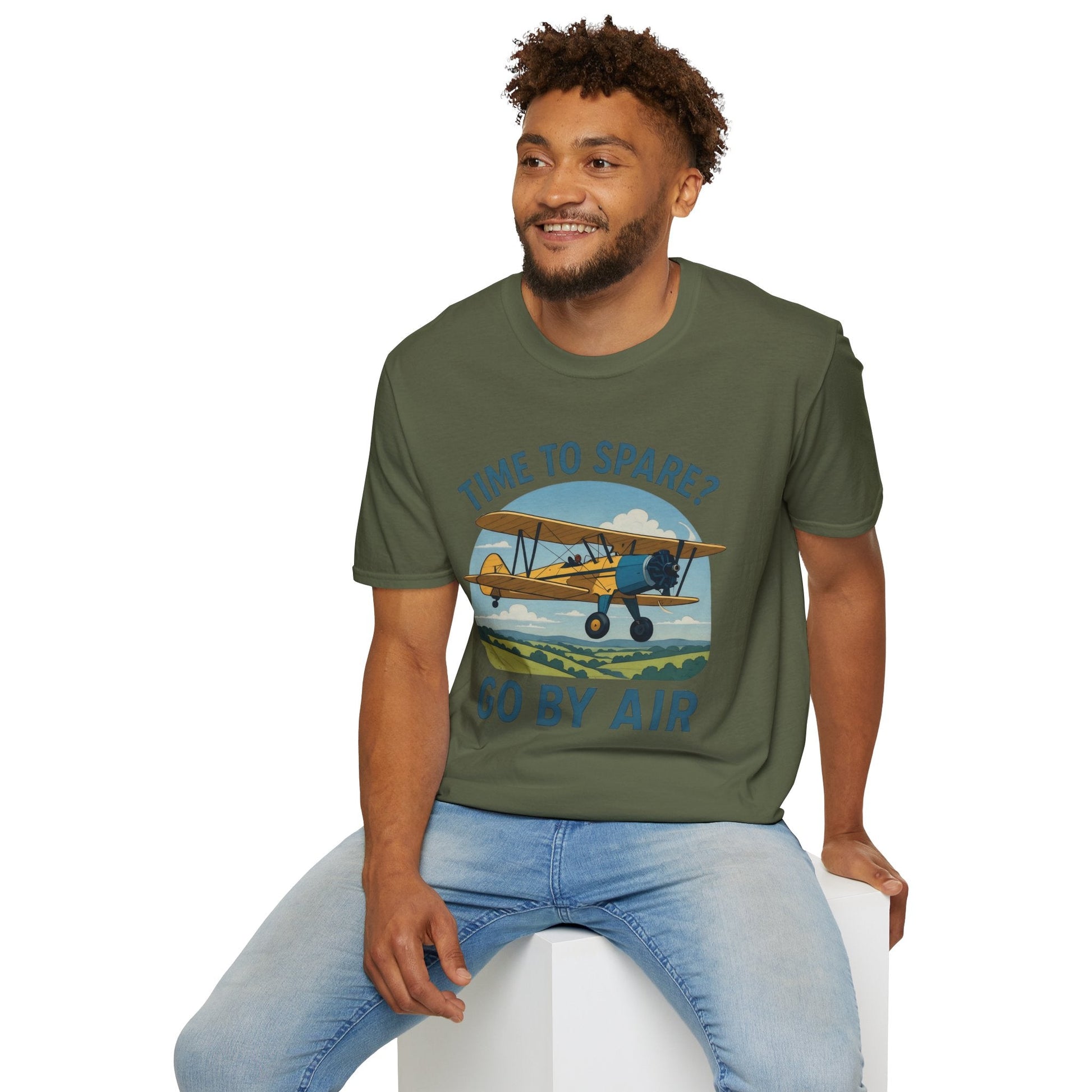 Stearman Premium T-Shirt – “Time to Spare? Go by Air” Biplane Vintage Tee - Pilot gifts - WWII warbird t-shirt
