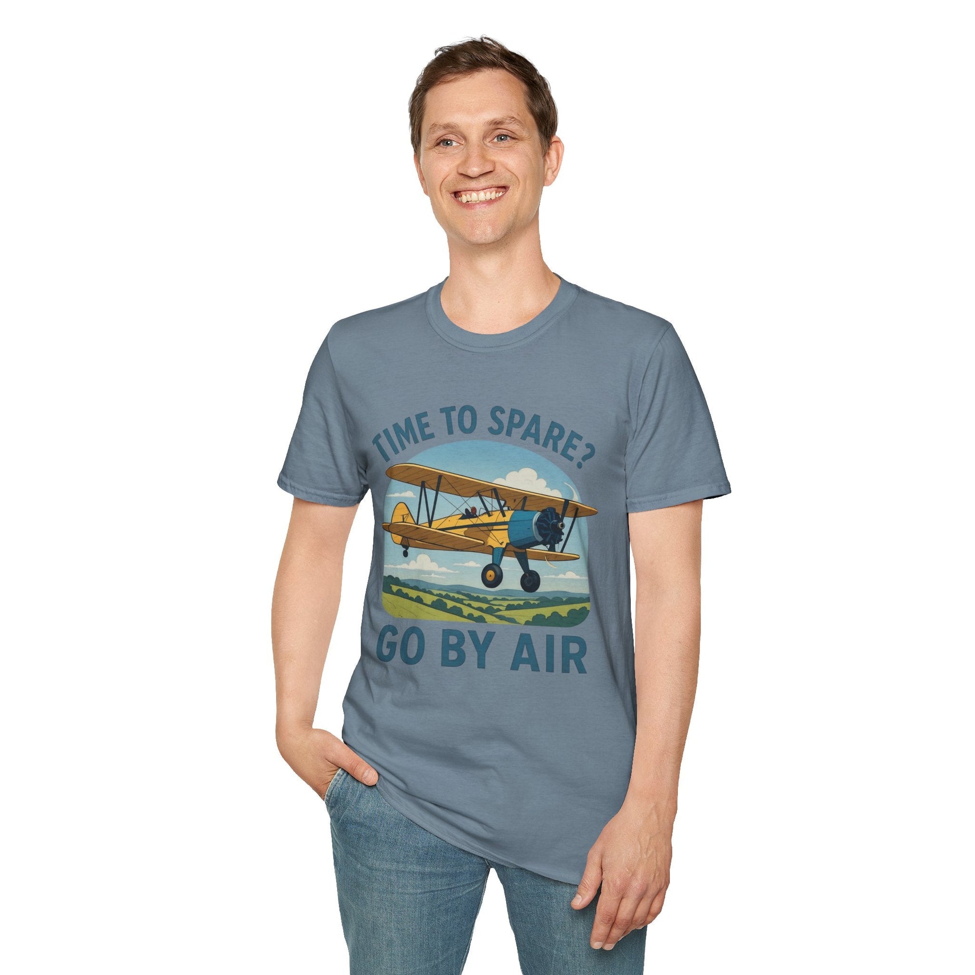 Stearman Premium T-Shirt – “Time to Spare? Go by Air” Biplane Vintage Tee - Pilot gifts - WWII warbird t-shirt
