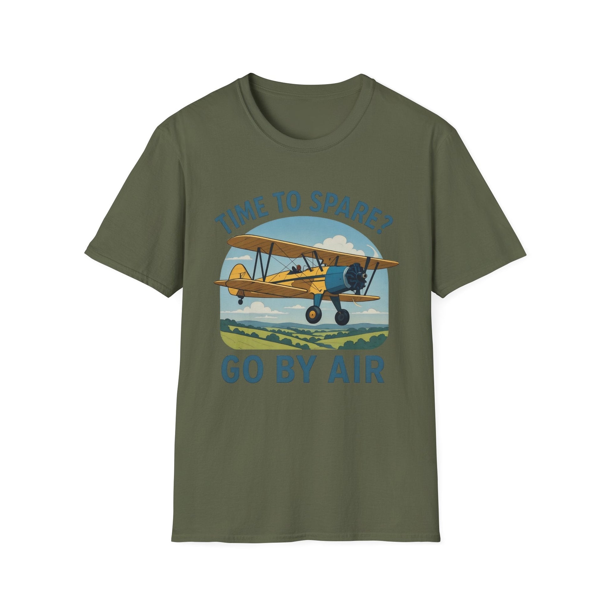 Stearman Premium T-Shirt – “Time to Spare? Go by Air” Biplane Vintage Tee - Pilot gifts - WWII warbird t-shirt