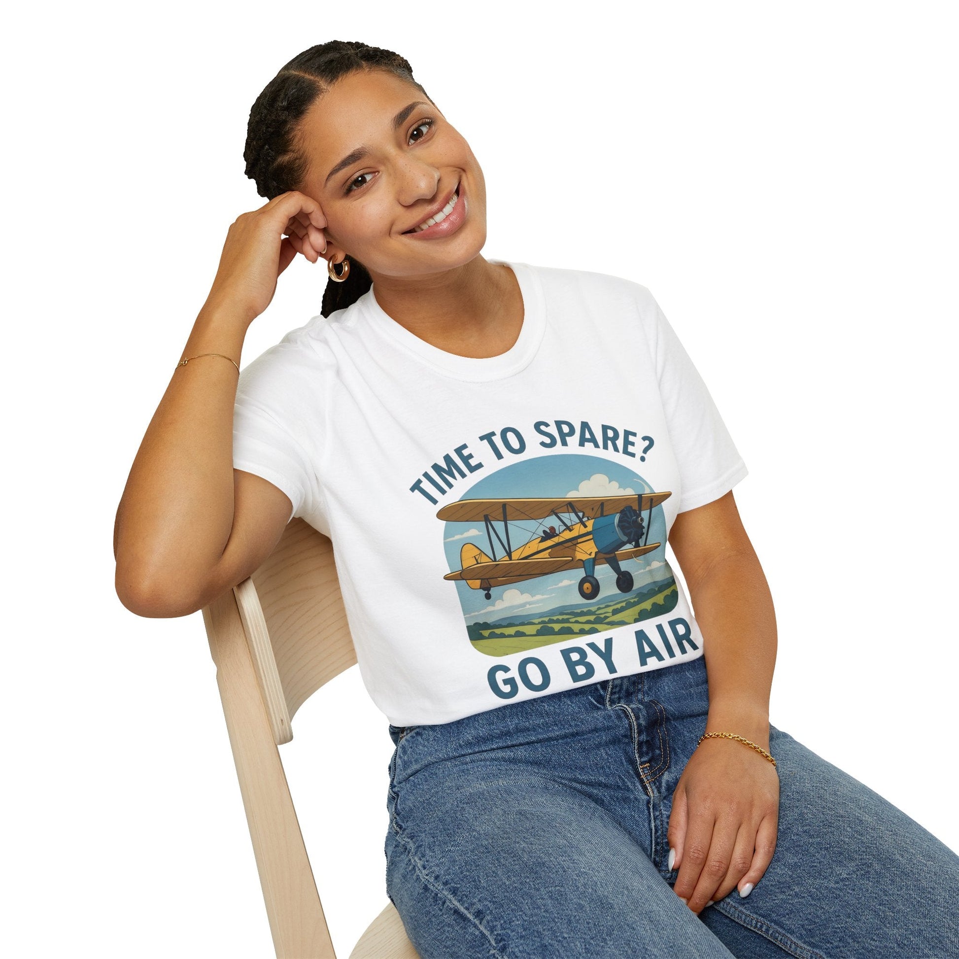 Stearman Premium T-Shirt – “Time to Spare? Go by Air” Biplane Vintage Tee - Pilot gifts - WWII warbird t-shirt