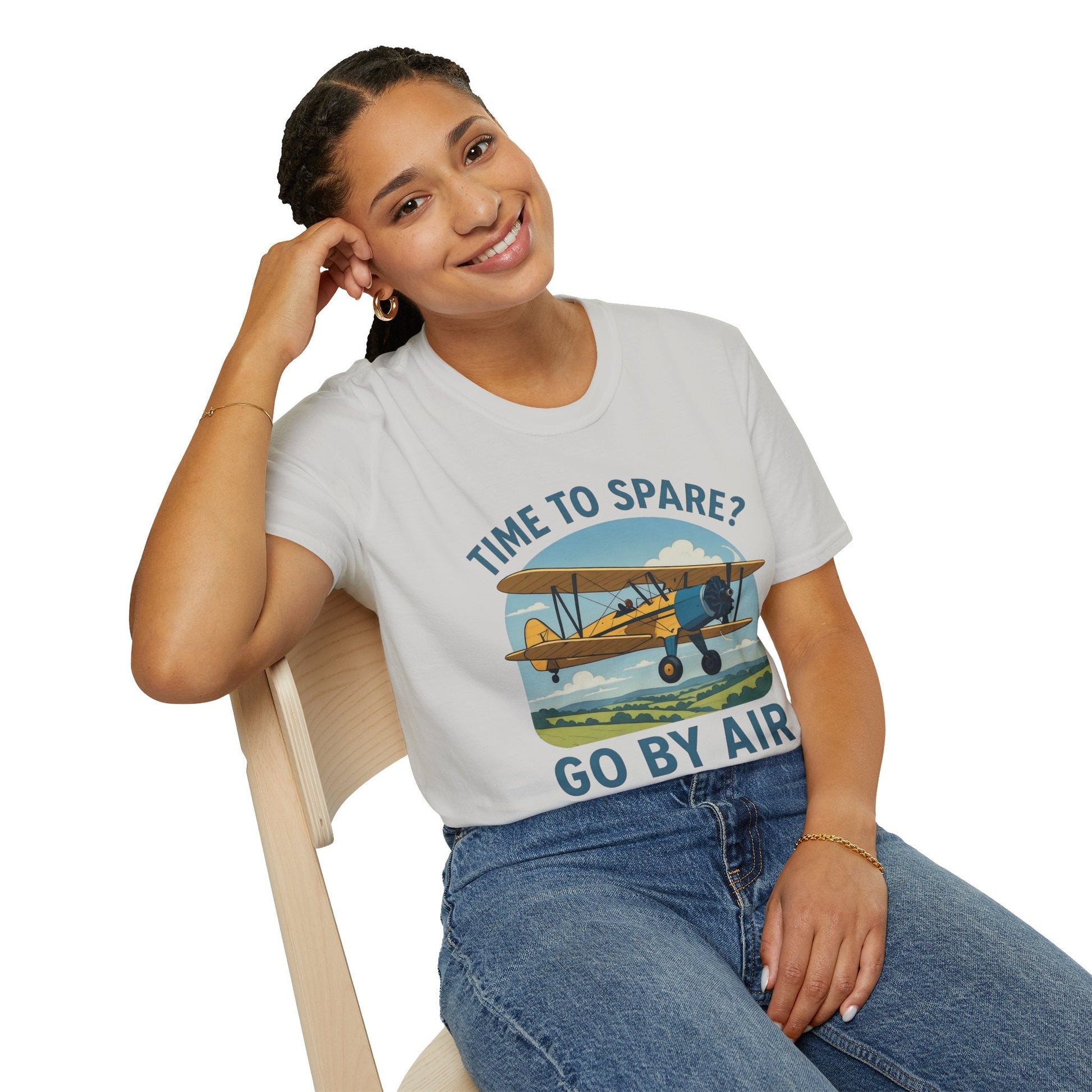 Stearman Premium T-Shirt – “Time to Spare? Go by Air” Biplane Vintage Tee - Pilot gifts - WWII warbird t-shirt