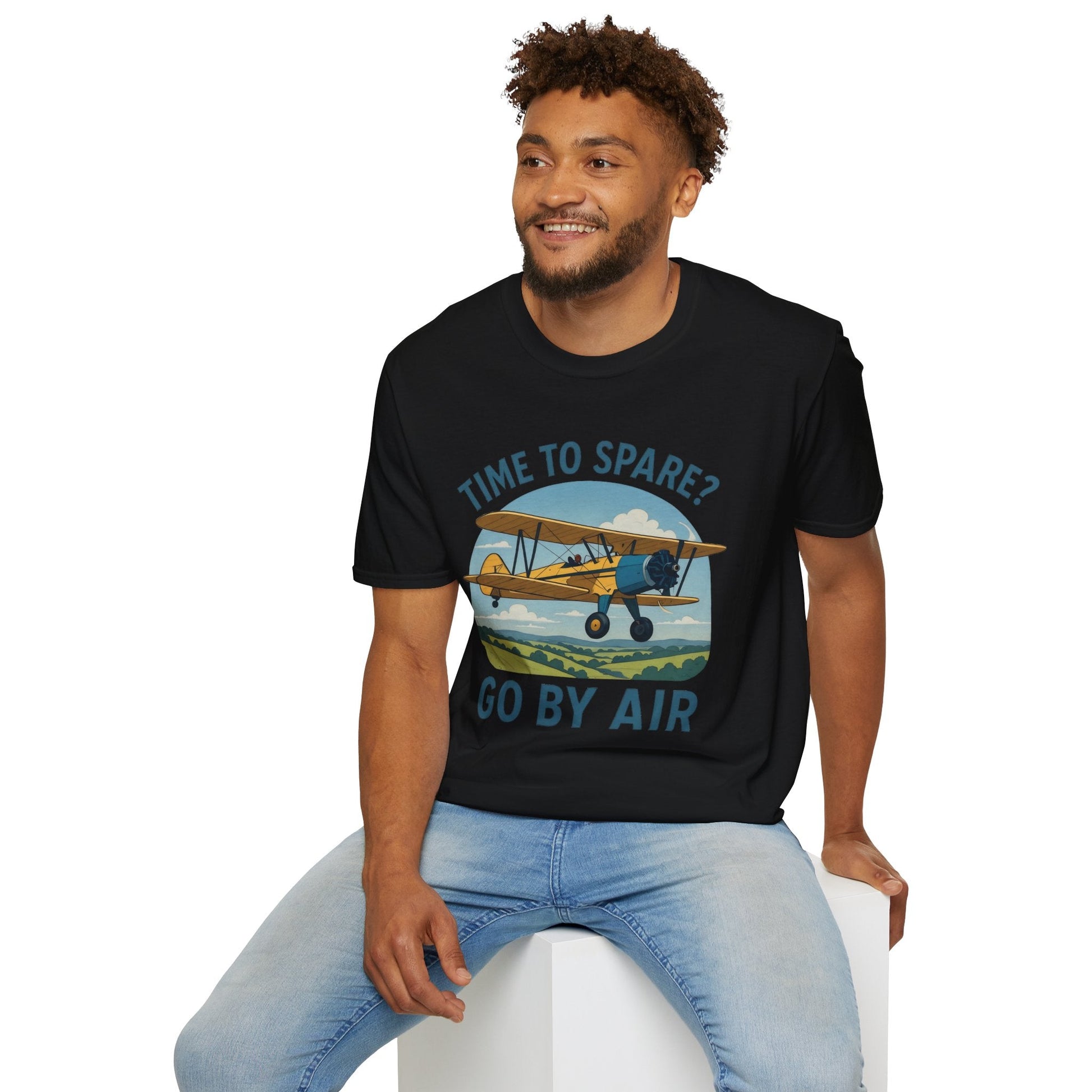 Stearman Premium T-Shirt – “Time to Spare? Go by Air” Biplane Vintage Tee - Pilot gifts - WWII warbird t-shirt