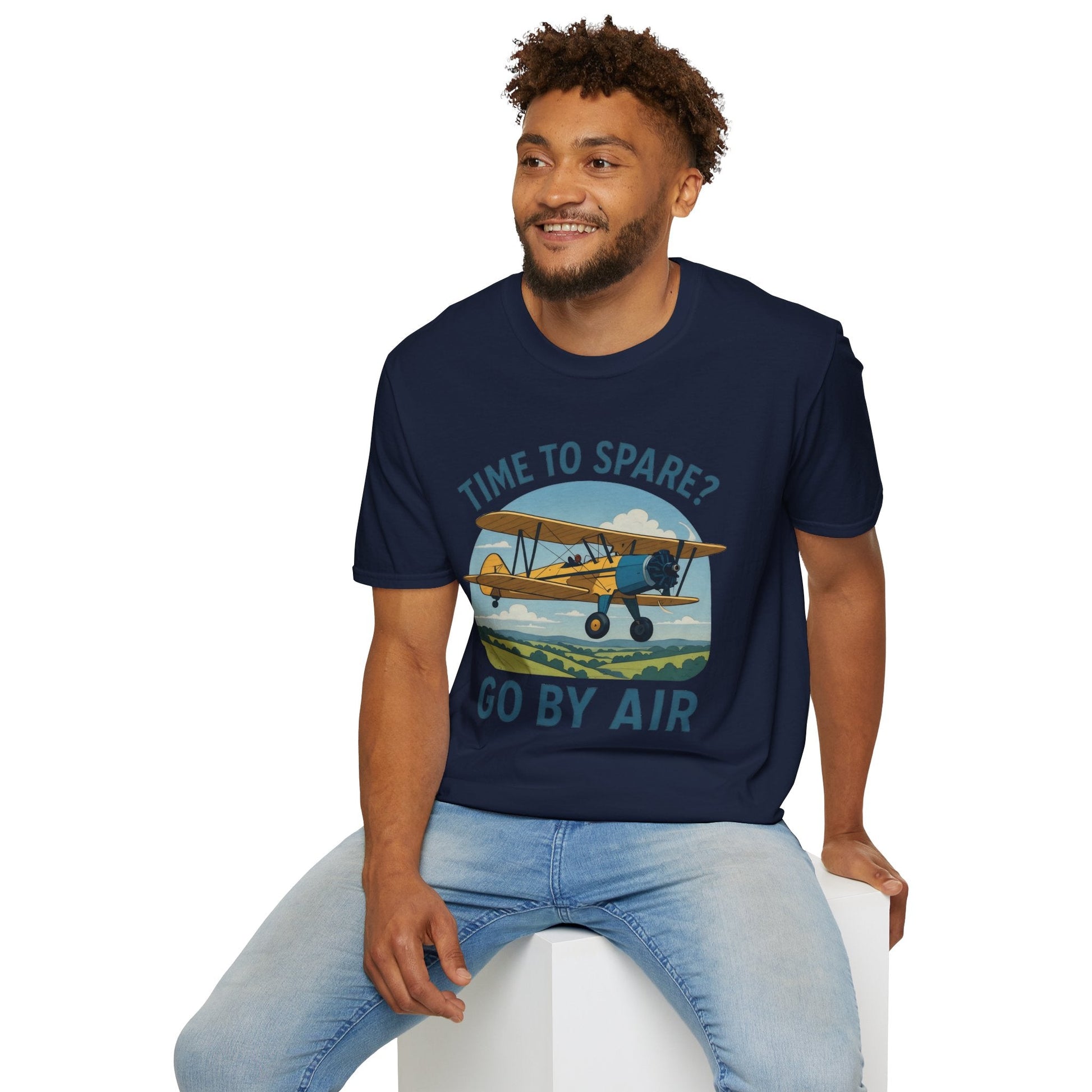 Stearman Premium T-Shirt – “Time to Spare? Go by Air” Biplane Vintage Tee - Pilot gifts - WWII warbird t-shirt