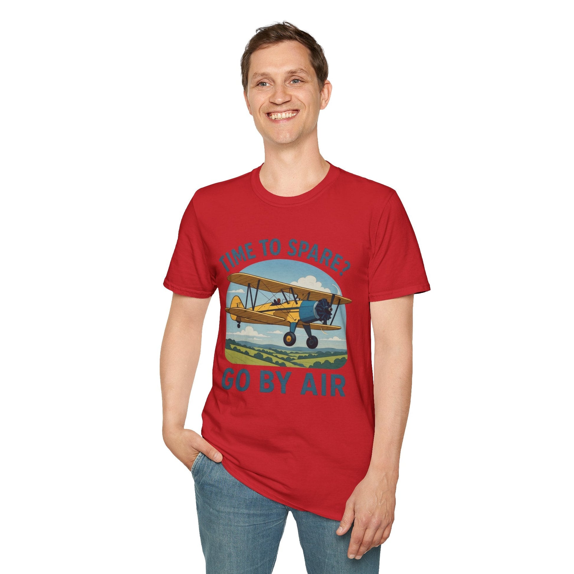 Stearman Premium T-Shirt – “Time to Spare? Go by Air” Biplane Vintage Tee - Pilot gifts - WWII warbird t-shirt