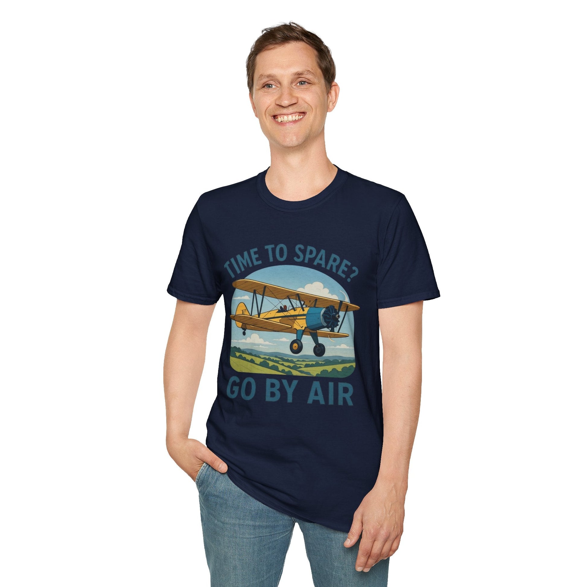 Stearman Premium T-Shirt – “Time to Spare? Go by Air” Biplane Vintage Tee - Pilot gifts - WWII warbird t-shirt