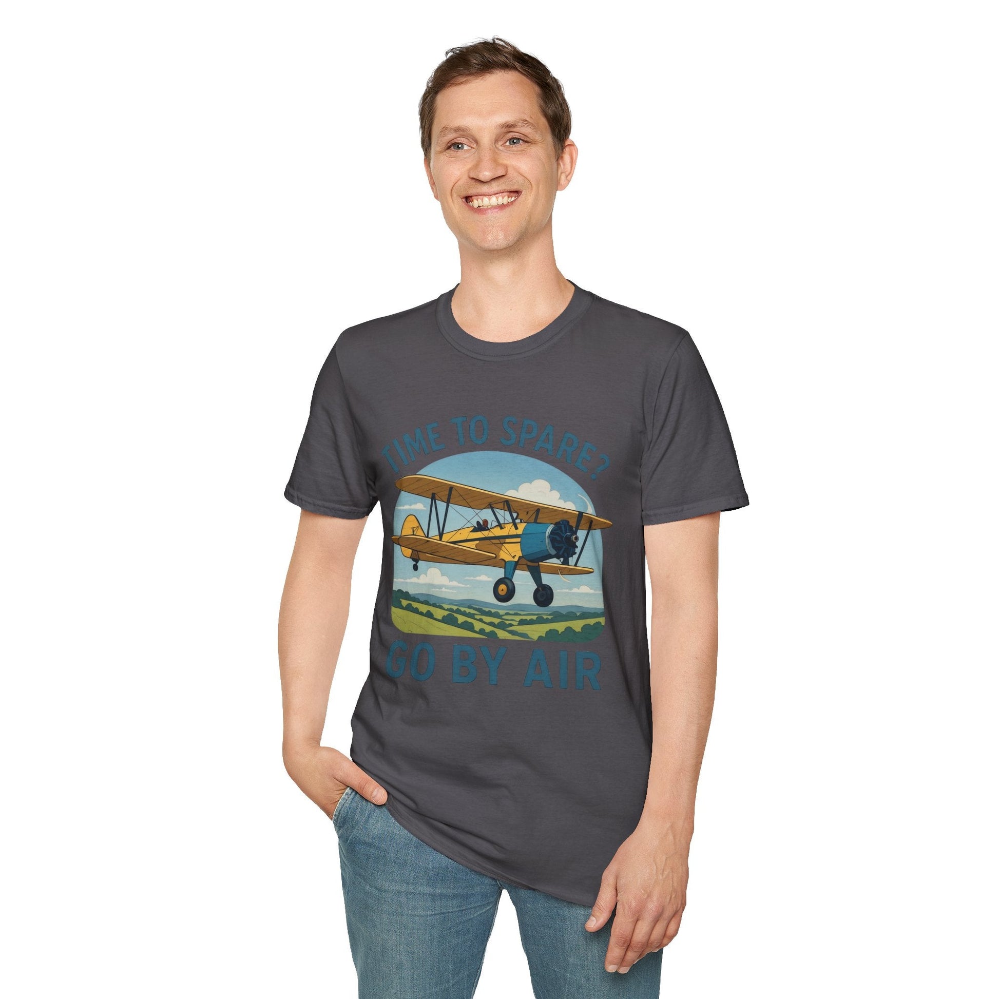 Stearman Premium T-Shirt – “Time to Spare? Go by Air” Biplane Vintage Tee - Pilot gifts - WWII warbird t-shirt