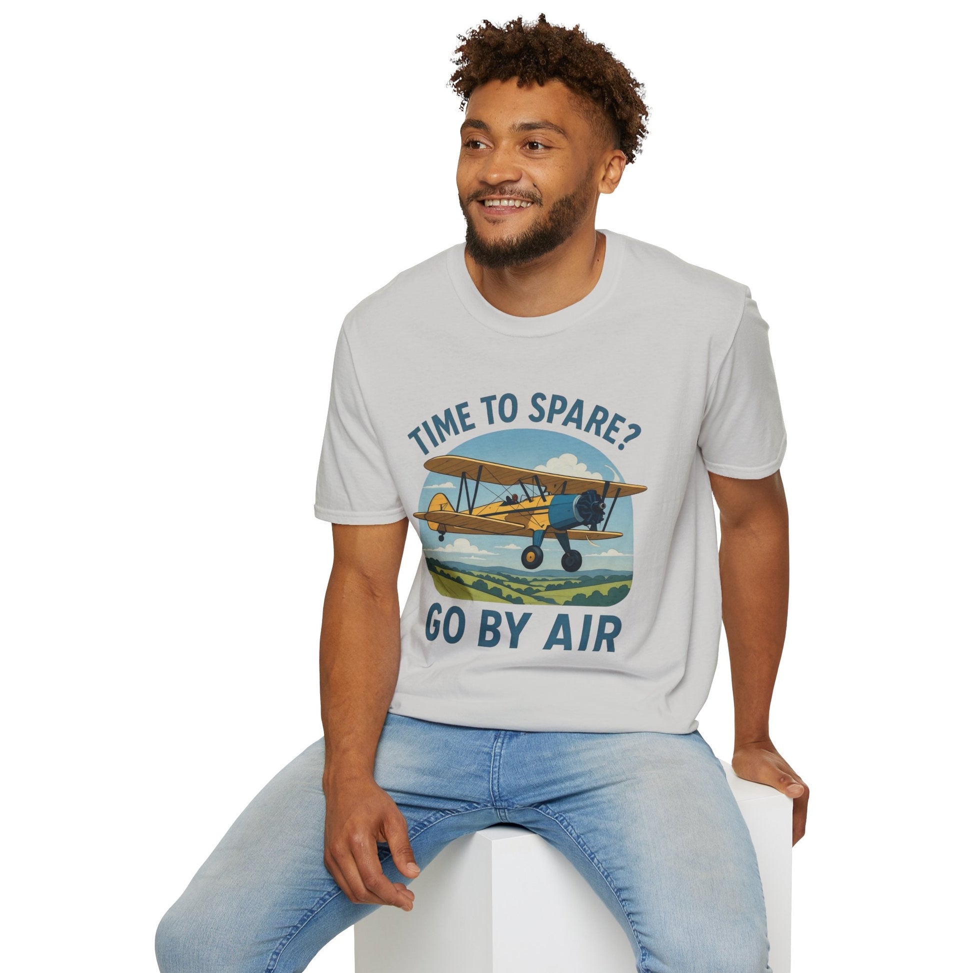 Stearman Premium T-Shirt – “Time to Spare? Go by Air” Biplane Vintage Tee - Pilot gifts - WWII warbird t-shirt