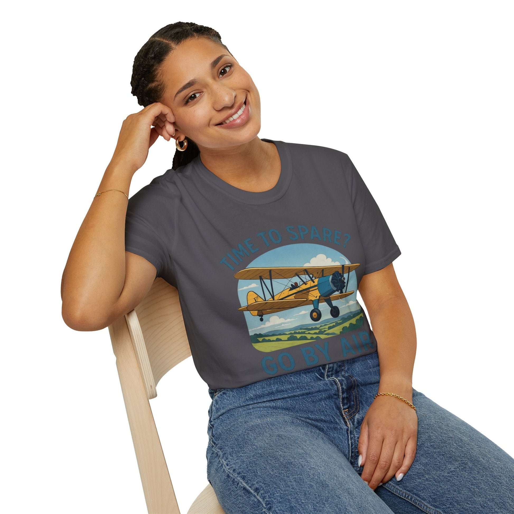 Stearman Premium T-Shirt – “Time to Spare? Go by Air” Biplane Vintage Tee - Pilot gifts - WWII warbird t-shirt
