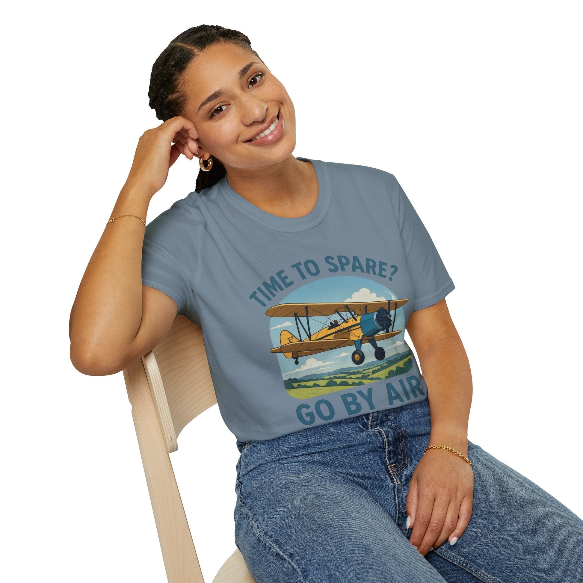 Stearman Premium T-Shirt – “Time to Spare? Go by Air” Biplane Vintage Tee - Pilot gifts - WWII warbird t-shirt