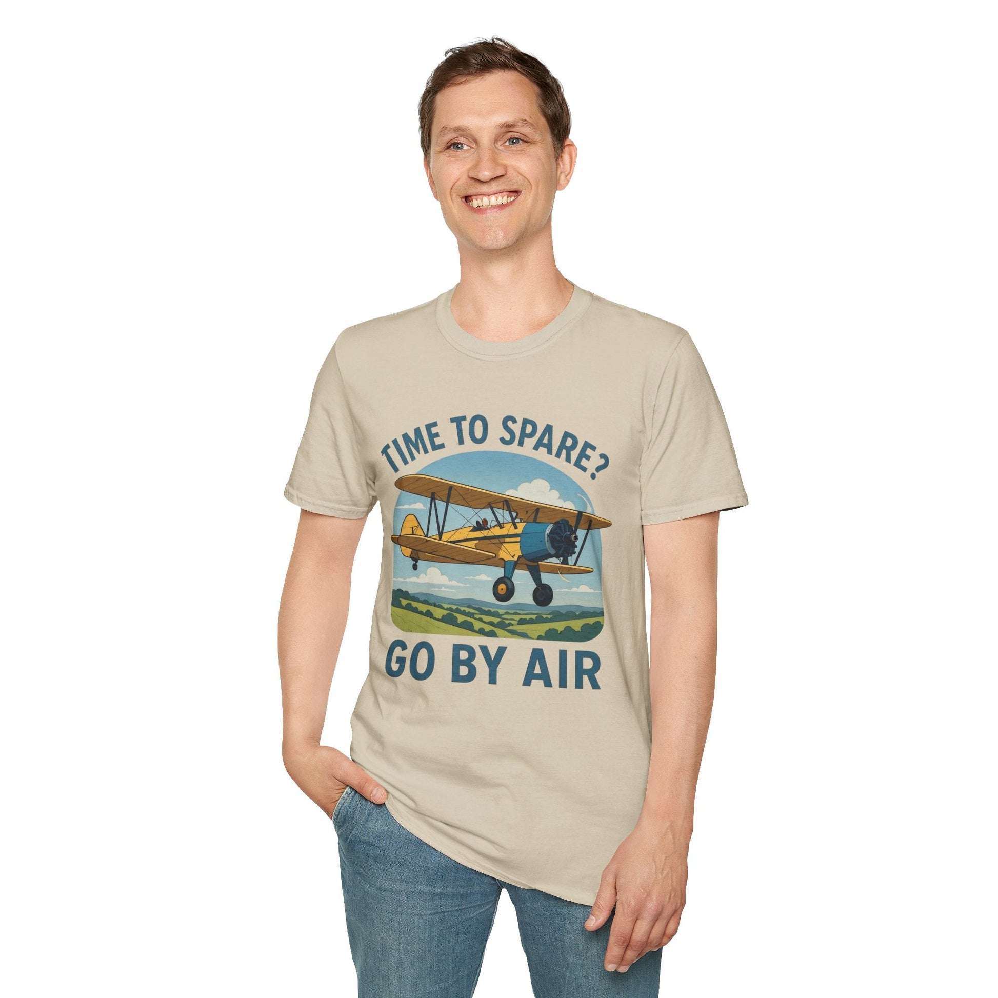 Stearman Premium T-Shirt – “Time to Spare? Go by Air” Biplane Vintage Tee - Pilot gifts - WWII warbird t-shirt