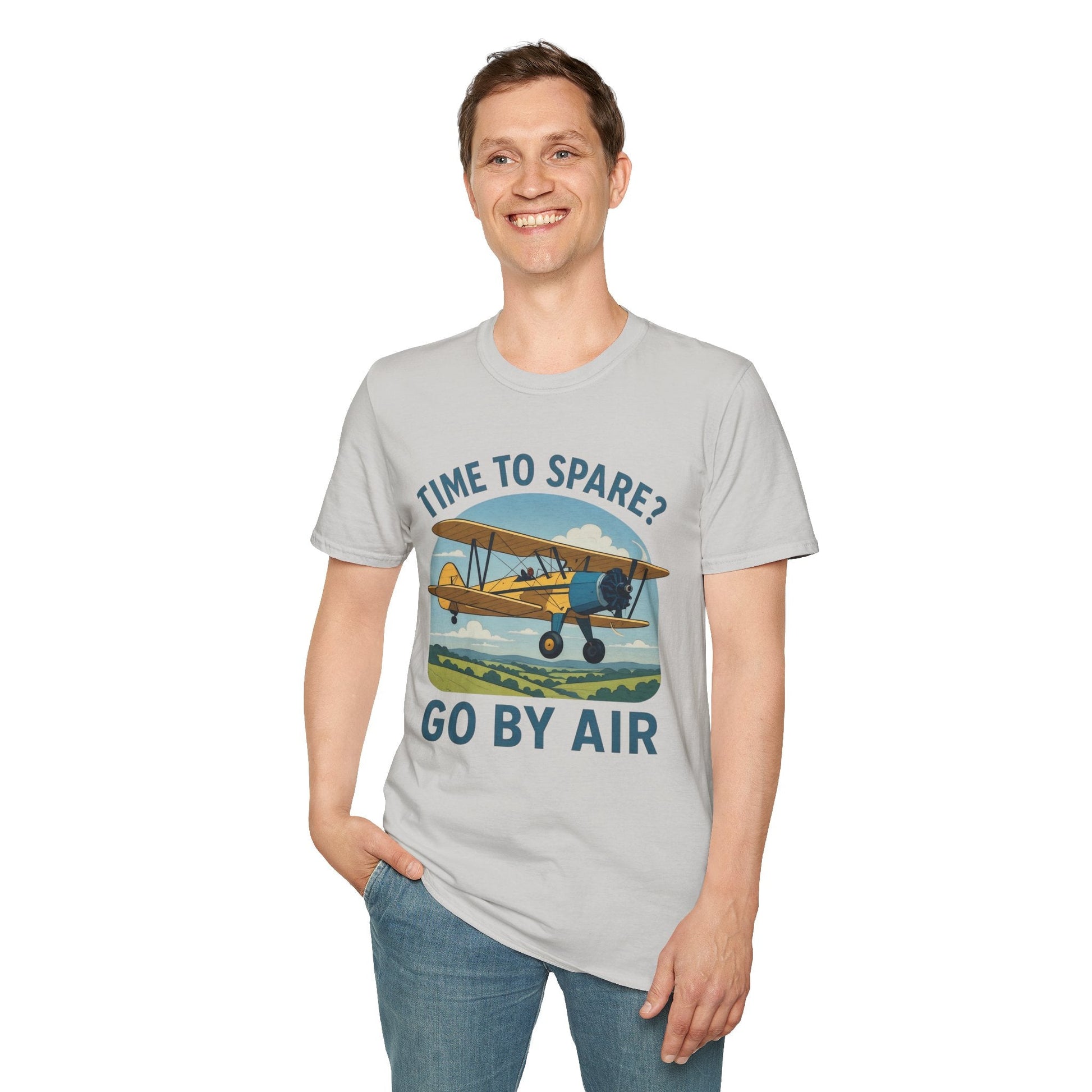Stearman Premium T-Shirt – “Time to Spare? Go by Air” Biplane Vintage Tee - Pilot gifts - WWII warbird t-shirt