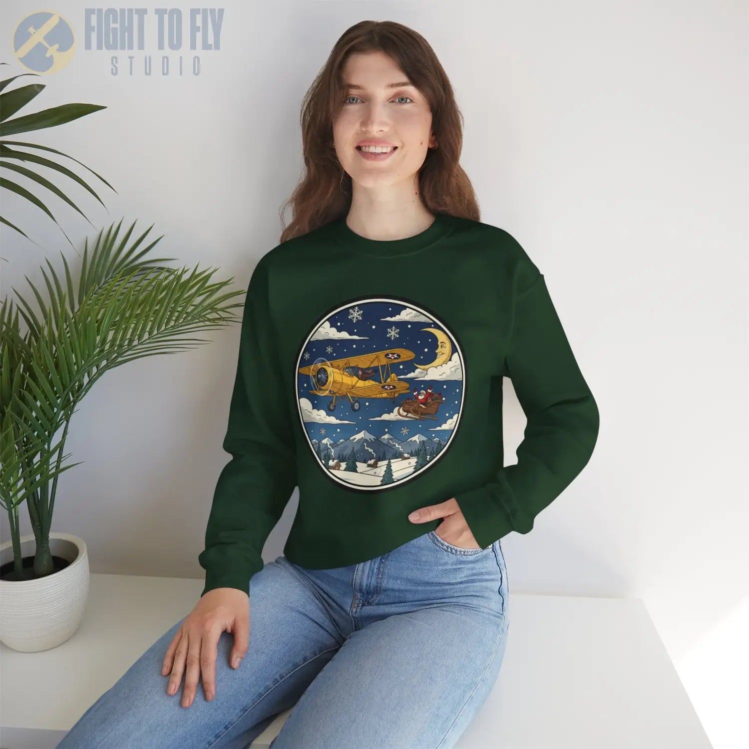 Stearman Pulling Santa’s Sleigh – Holiday Sweater - Sweatshirt - Pilot gifts - WWII warbird t-shirt