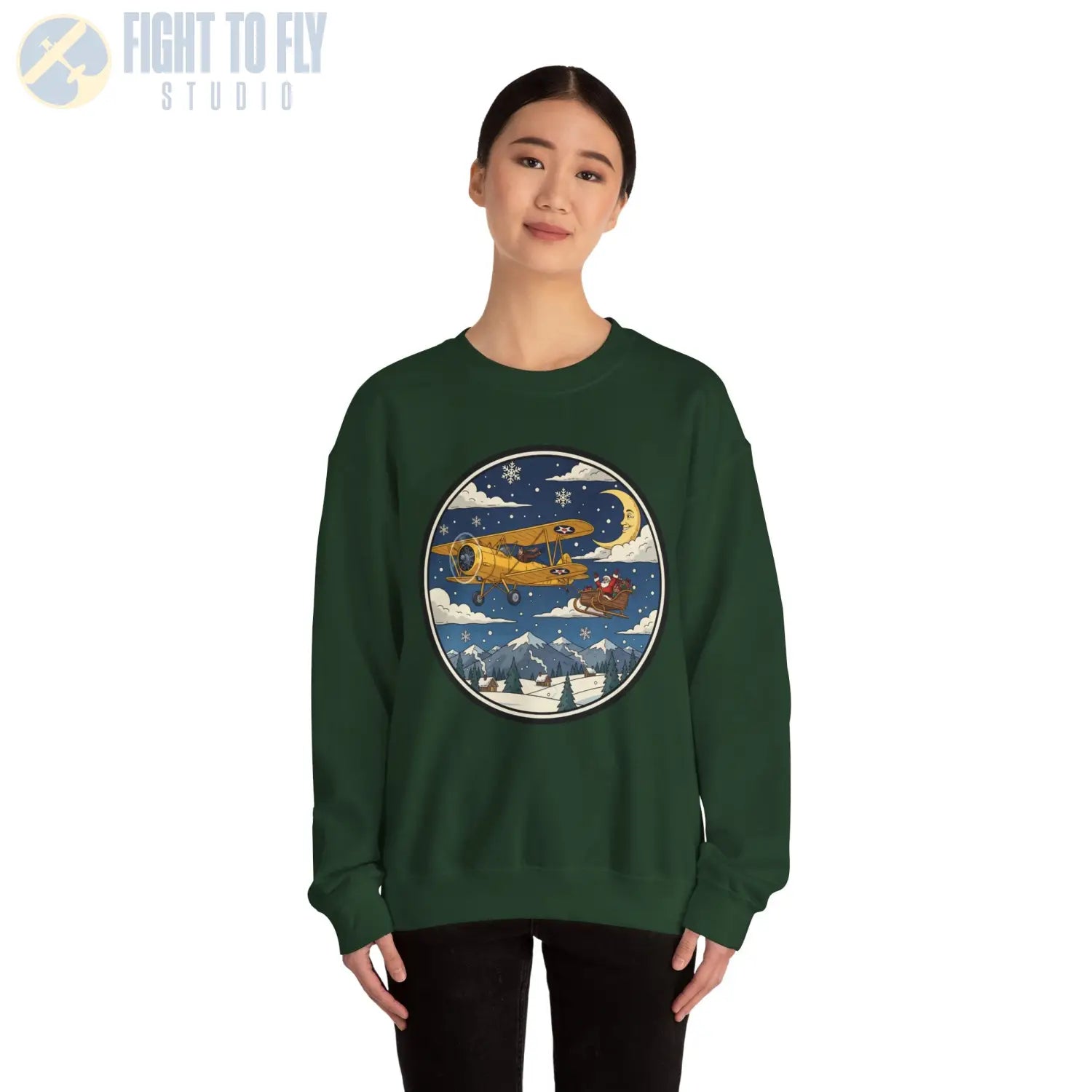 Stearman Pulling Santa’s Sleigh – Holiday Sweater - Sweatshirt - Pilot gifts - WWII warbird t-shirt