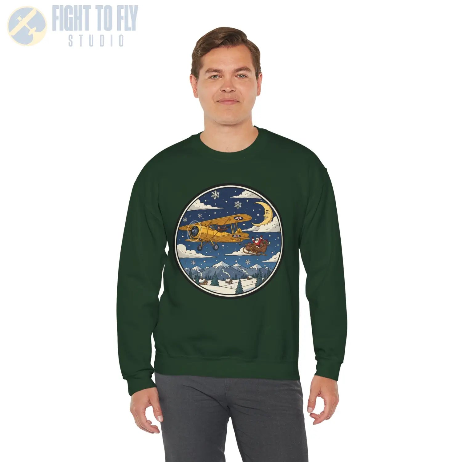 Stearman Pulling Santa’s Sleigh – Holiday Sweater - Sweatshirt - Pilot gifts - WWII warbird t-shirt