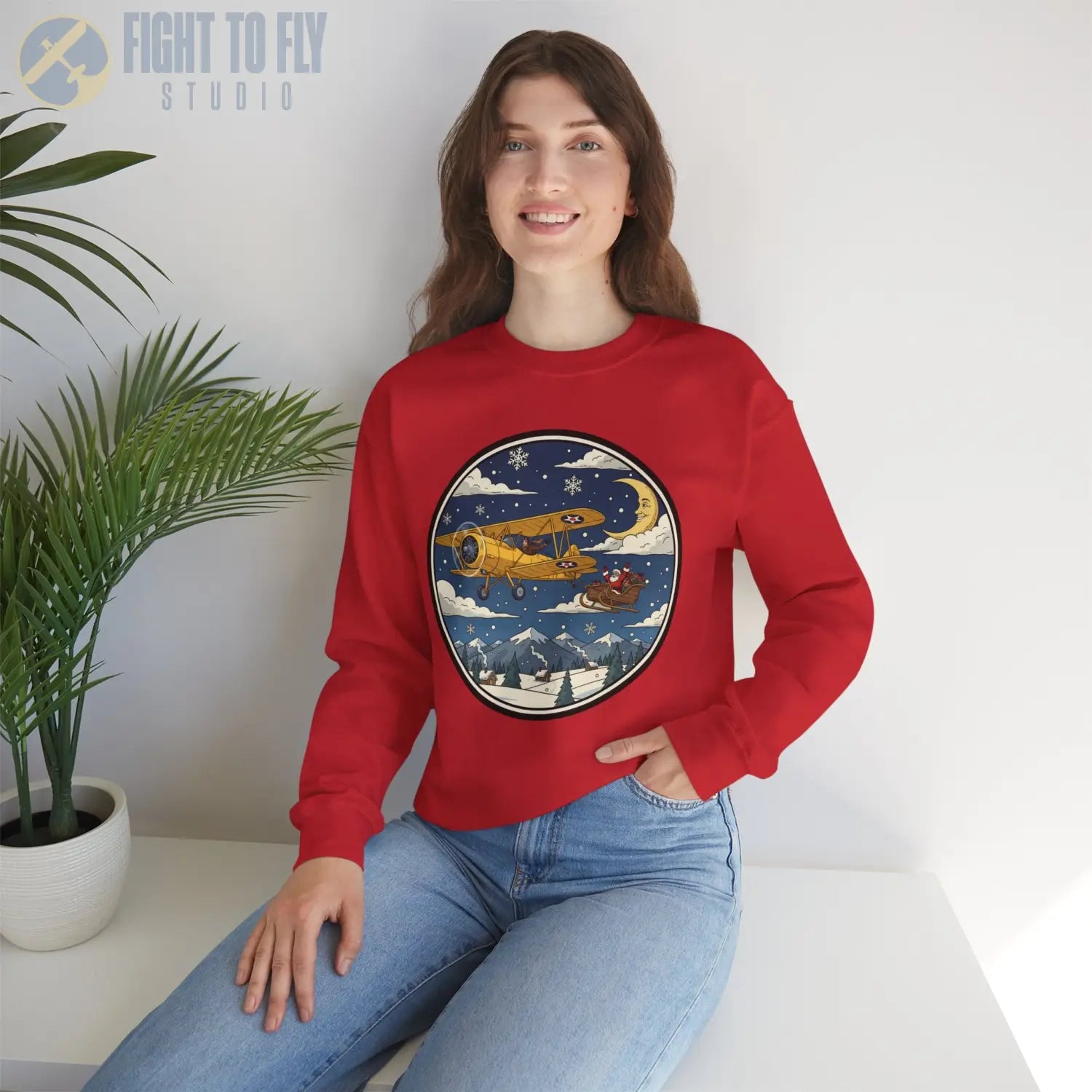 Stearman Pulling Santa’s Sleigh – Holiday Sweater - Sweatshirt - Pilot gifts - WWII warbird t-shirt