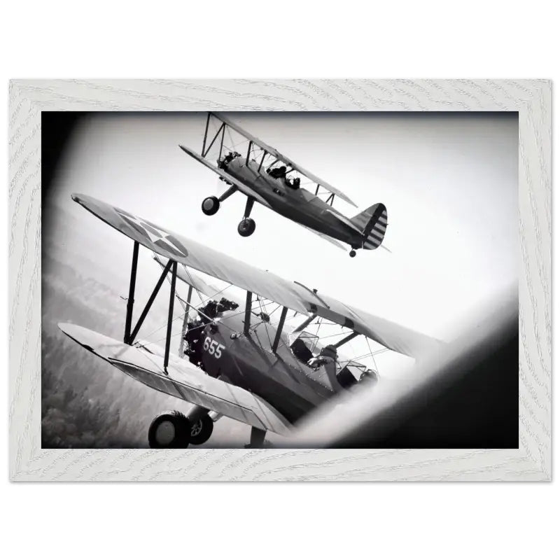 Through the Struts: Twin Stearman Over Valley (Black & White) - Print Material - Gifts for pilots - Aviation apparel