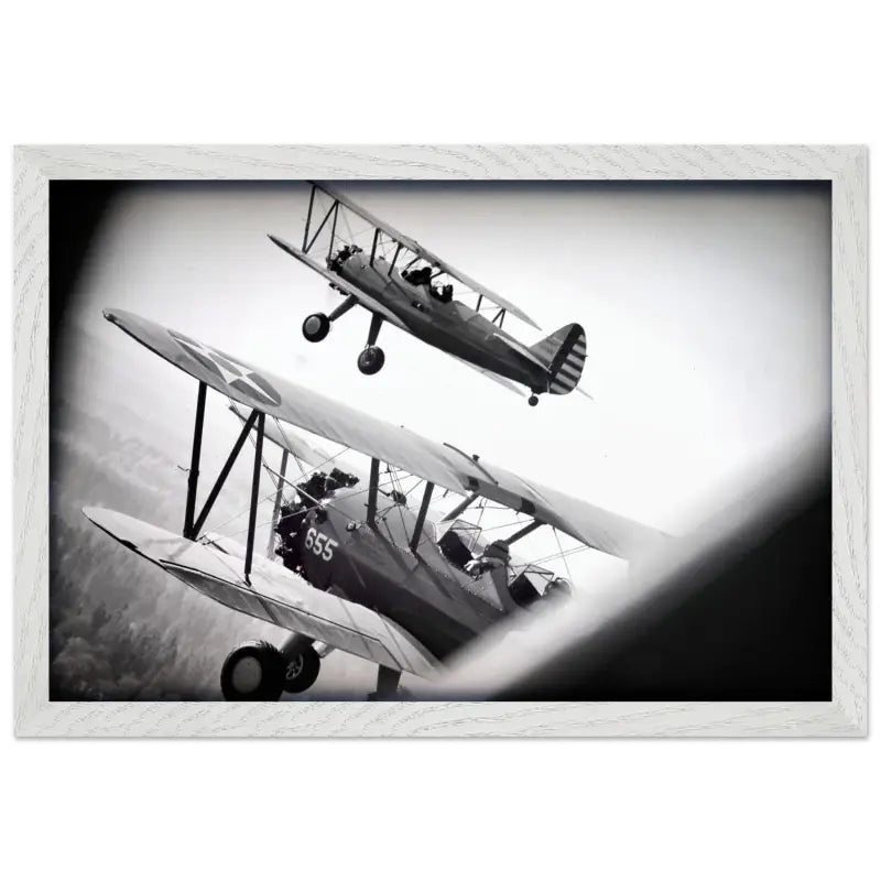 Through the Struts: Twin Stearman Over Valley (Black & White) - Print Material - Gifts for pilots - Aviation apparel