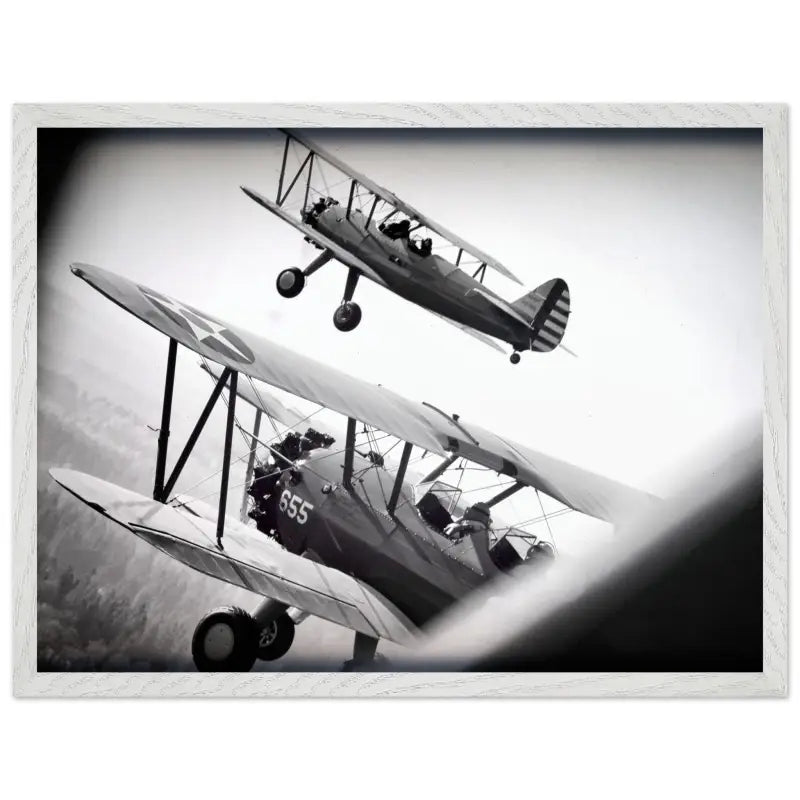 Through the Struts: Twin Stearman Over Valley (Black & White) - Print Material - Gifts for pilots - Aviation apparel
