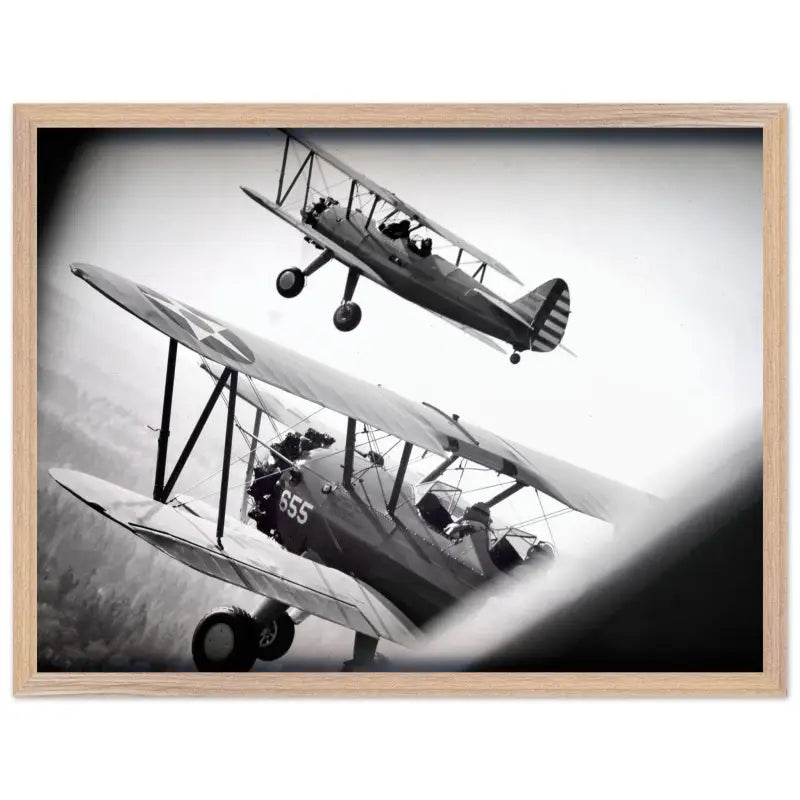 Through the Struts: Twin Stearman Over Valley (Black & White) - Print Material - Gifts for pilots - Aviation apparel