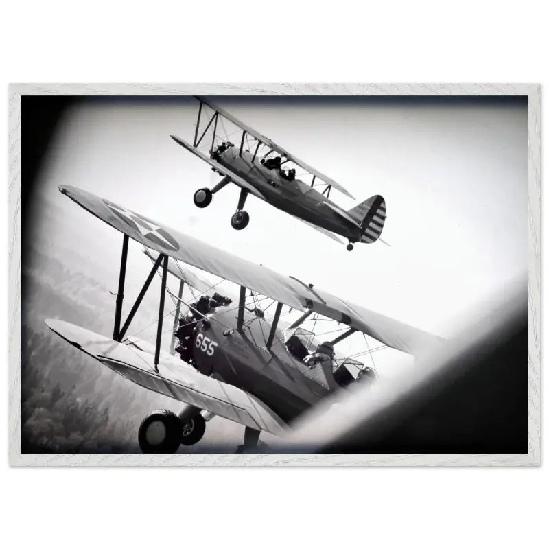 Through the Struts: Twin Stearman Over Valley (Black & White) - Print Material - Gifts for pilots - Aviation apparel