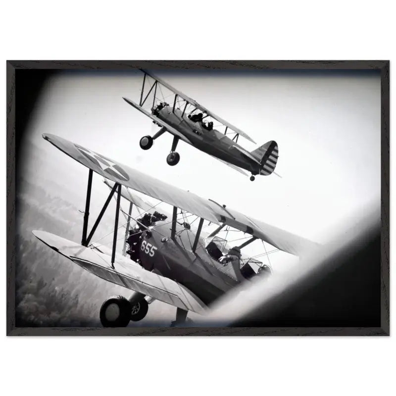 Through the Struts: Twin Stearman Over Valley (Black & White) - Print Material - Gifts for pilots - Aviation apparel