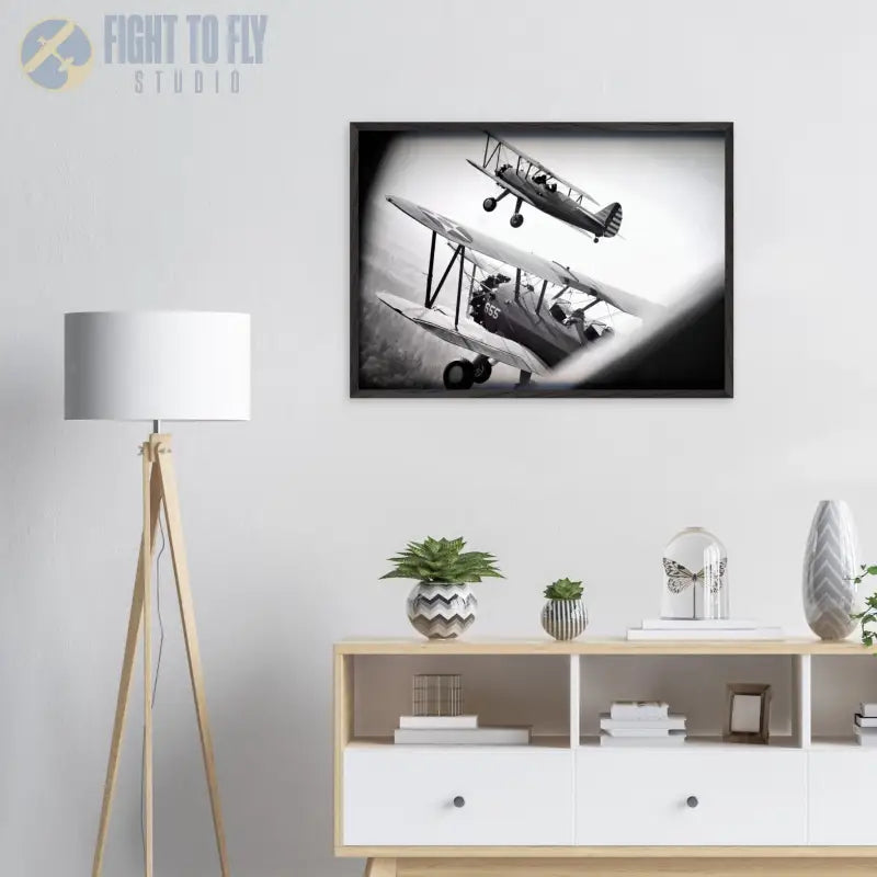 Through the Struts: Twin Stearman Over Valley (Black & White) - Print Material - Gifts for pilots - Aviation apparel