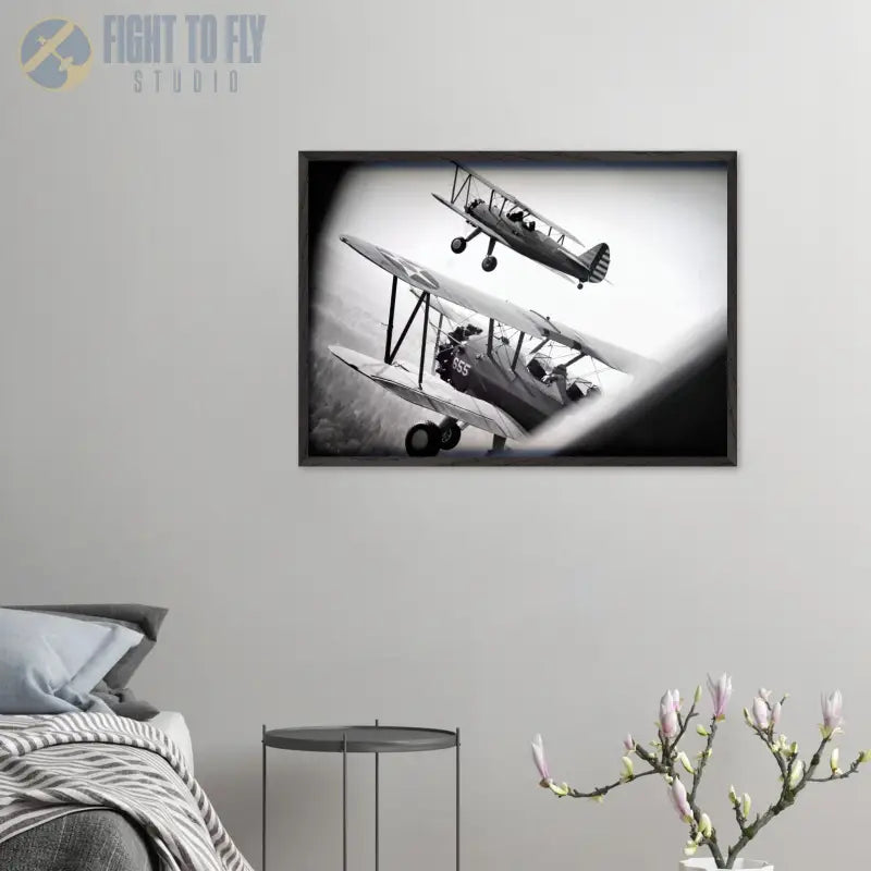 Through the Struts: Twin Stearman Over Valley (Black & White) - Print Material - Gifts for pilots - Aviation apparel