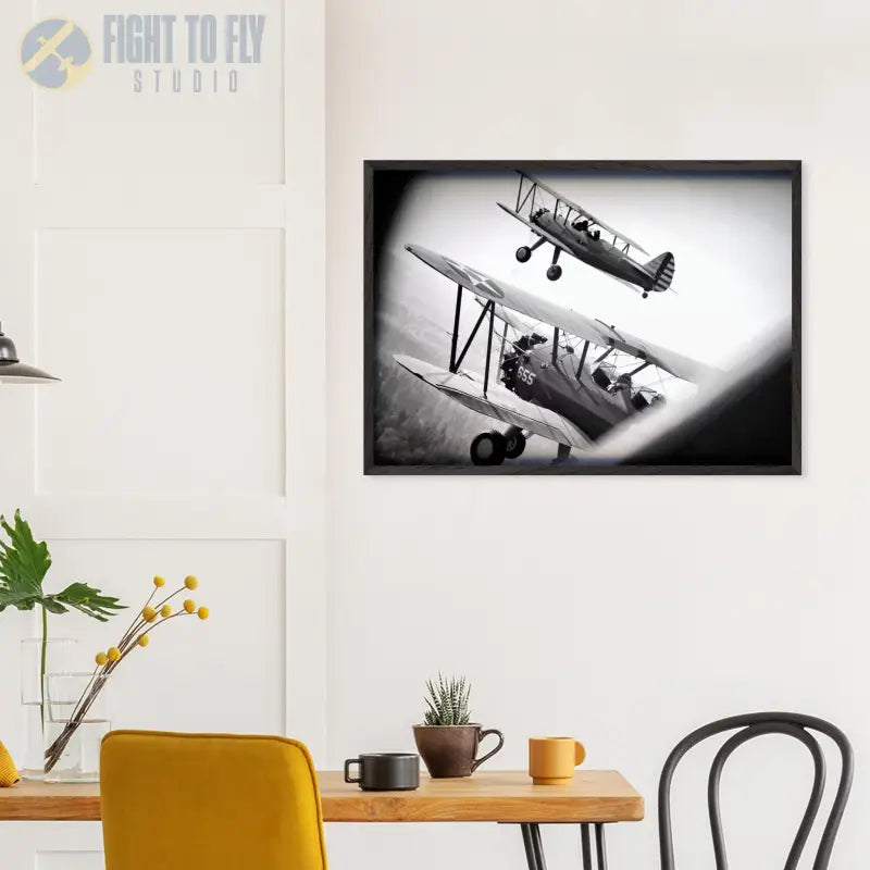 Through the Struts: Twin Stearman Over Valley (Black & White) - Print Material - Gifts for pilots - Aviation apparel