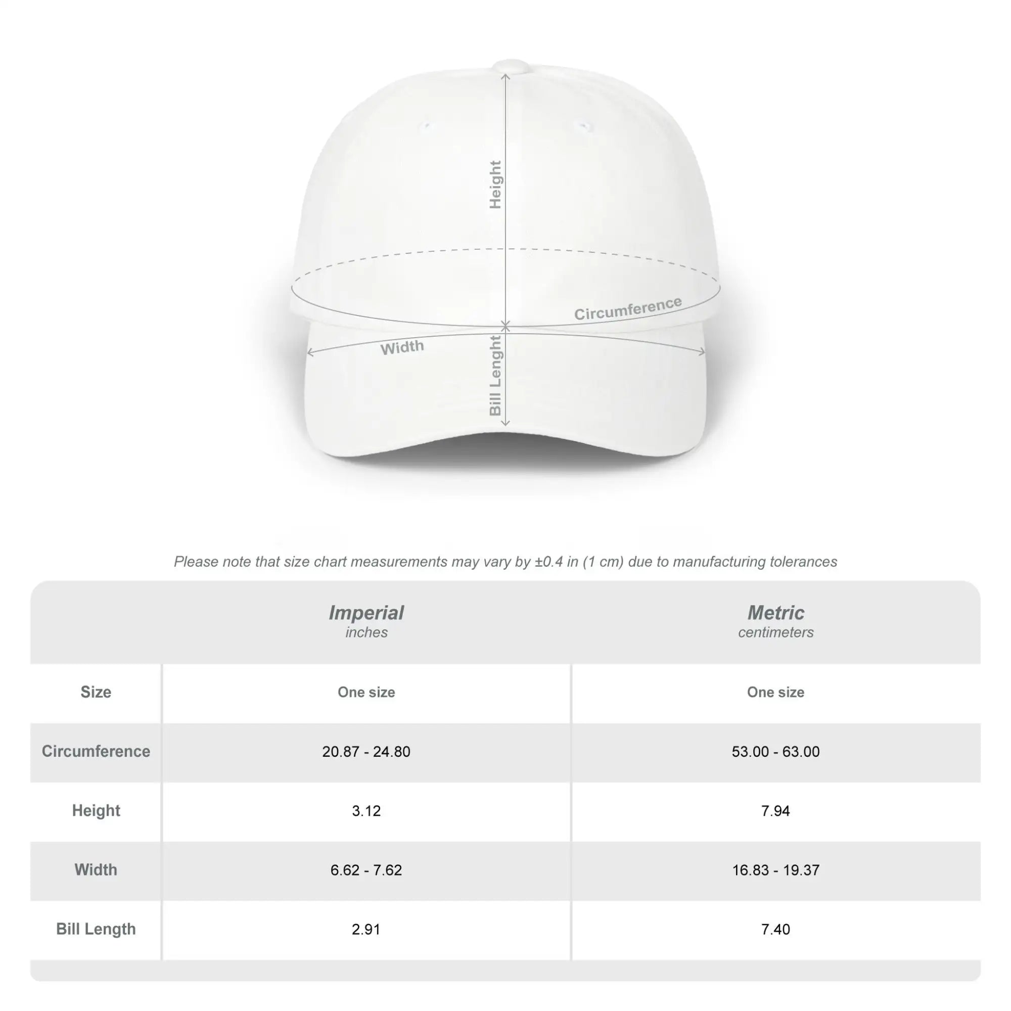 White baseball cap with adjustable strap and structured crown.